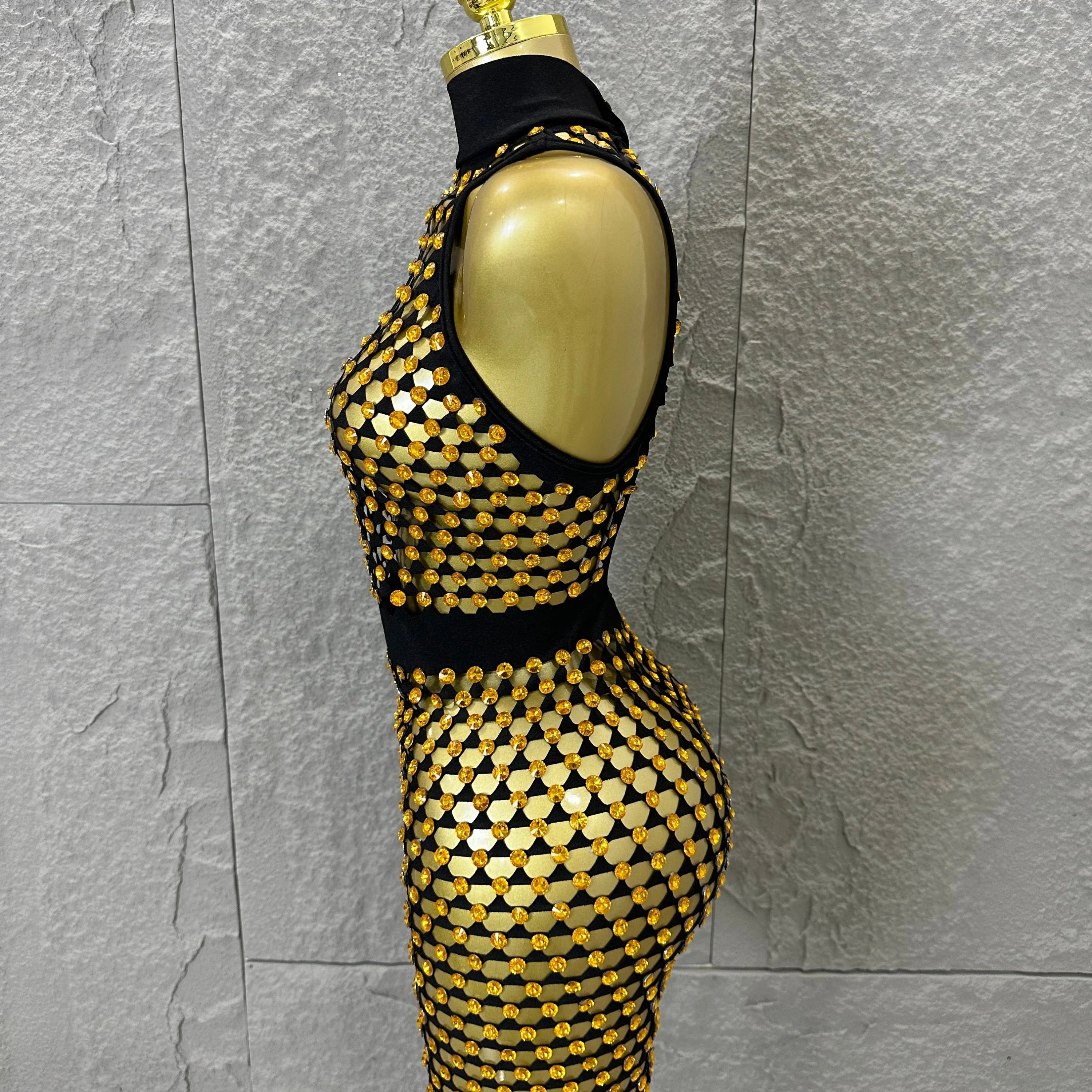 Luxury 2026 Glamorous Black Mesh Halter Mini Dress Sparkle Rhinestone Gold Silver Bead Bodycon Bar Stage Performance Costume