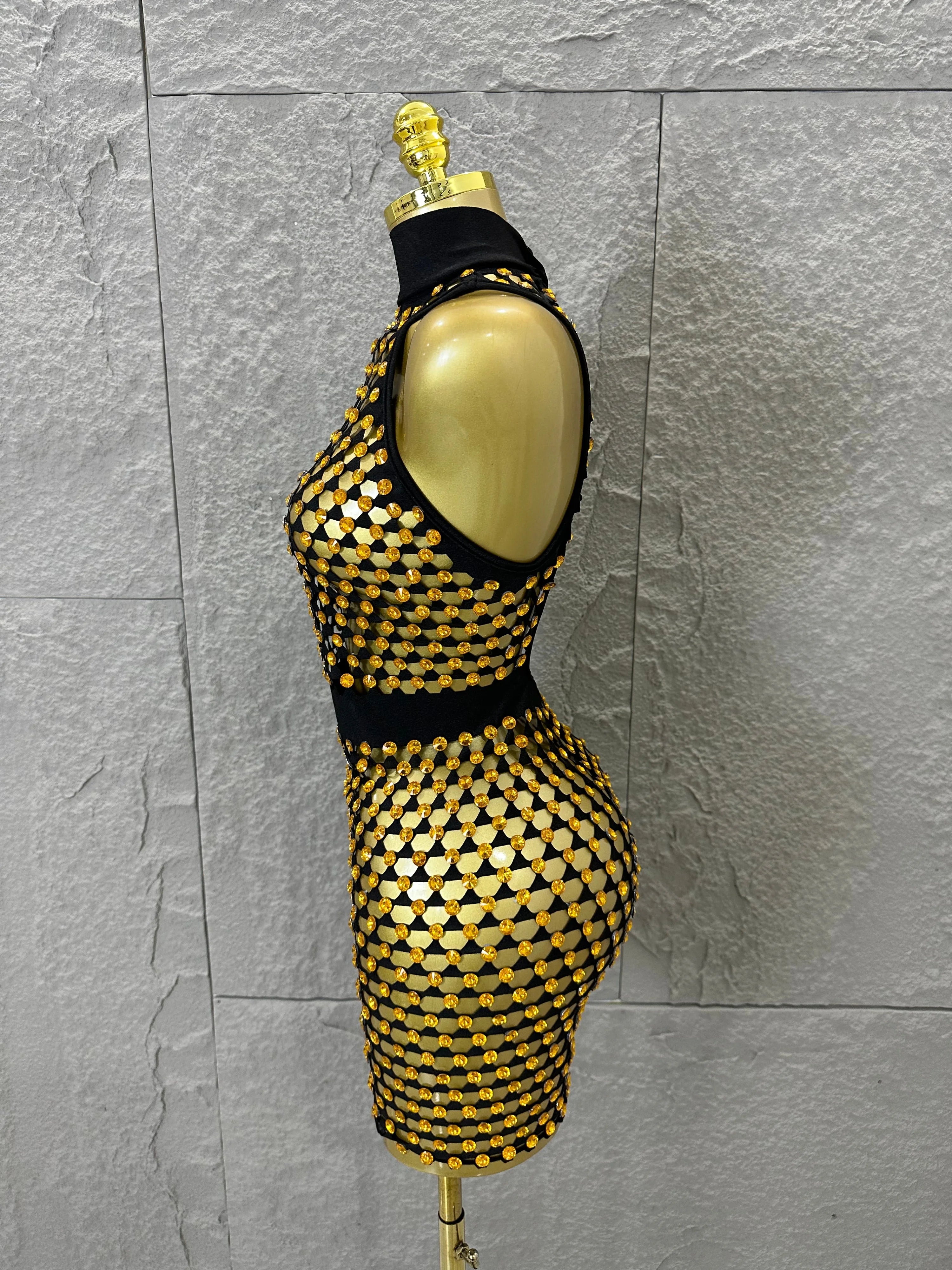 Luxury 2026 Glamorous Black Mesh Halter Mini Dress Sparkle Rhinestone Gold Silver Bead Bodycon Bar Stage Performance Costume
