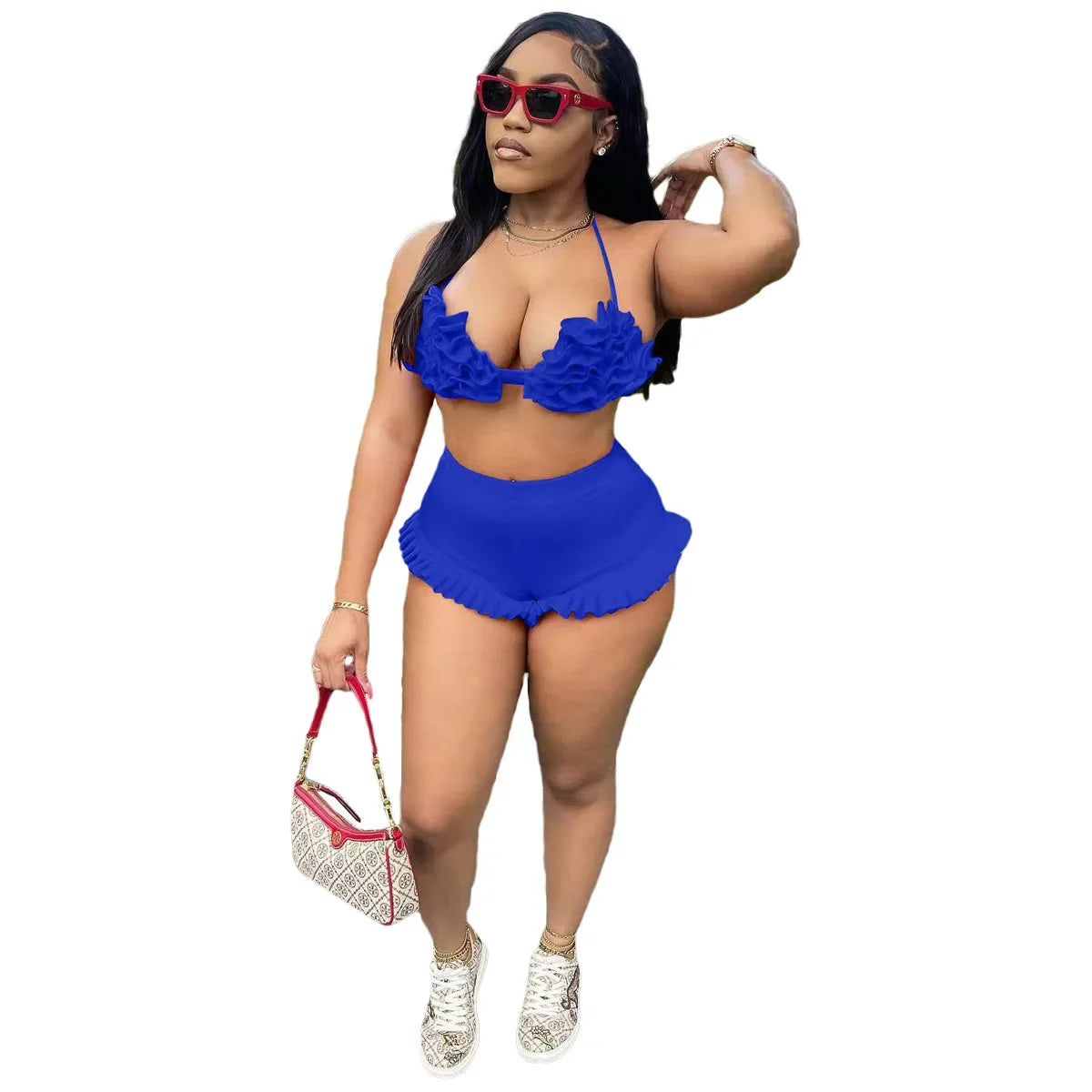 Women's Set Ruffles Crop Top Bra and Shorts Bikini Set Streetwear Casual Two 2 Piece Outfits Summer 2024 Beach Holiday blue