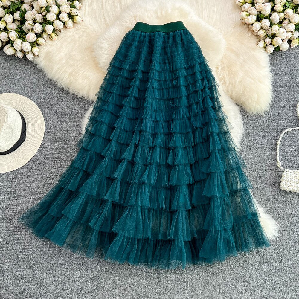 Super Long 97cm Maxi Tulle Skirts for Women 2024 New Chic Patchwork Cake Skirt Multilayer Large Swing A-Line Skirts Mujer Faldas Dark green One Size