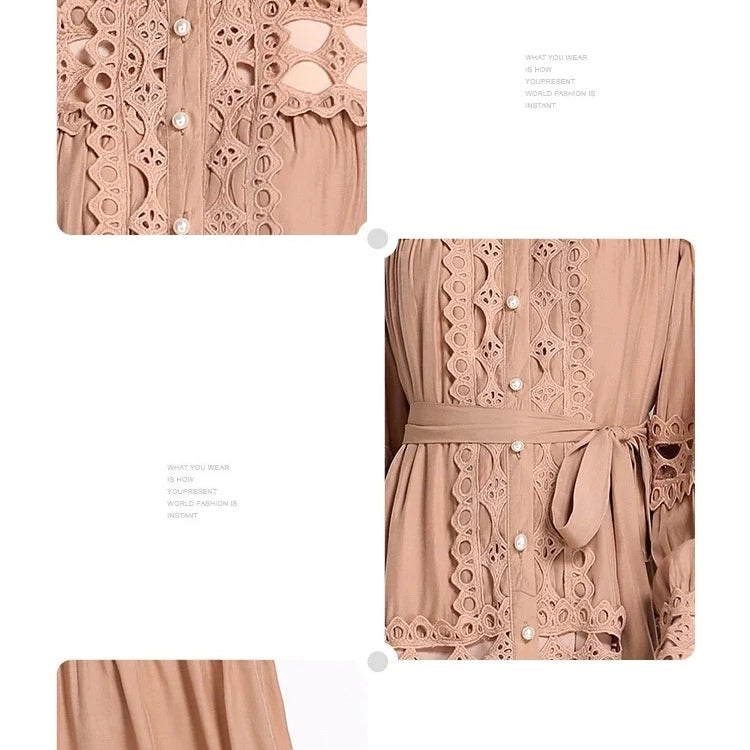 New Spring Autumn Stand Collar Lace Hollowed Out Single Breasted Dress Women's Vintage Elegant Full Sleeve Rnnway Long Dress