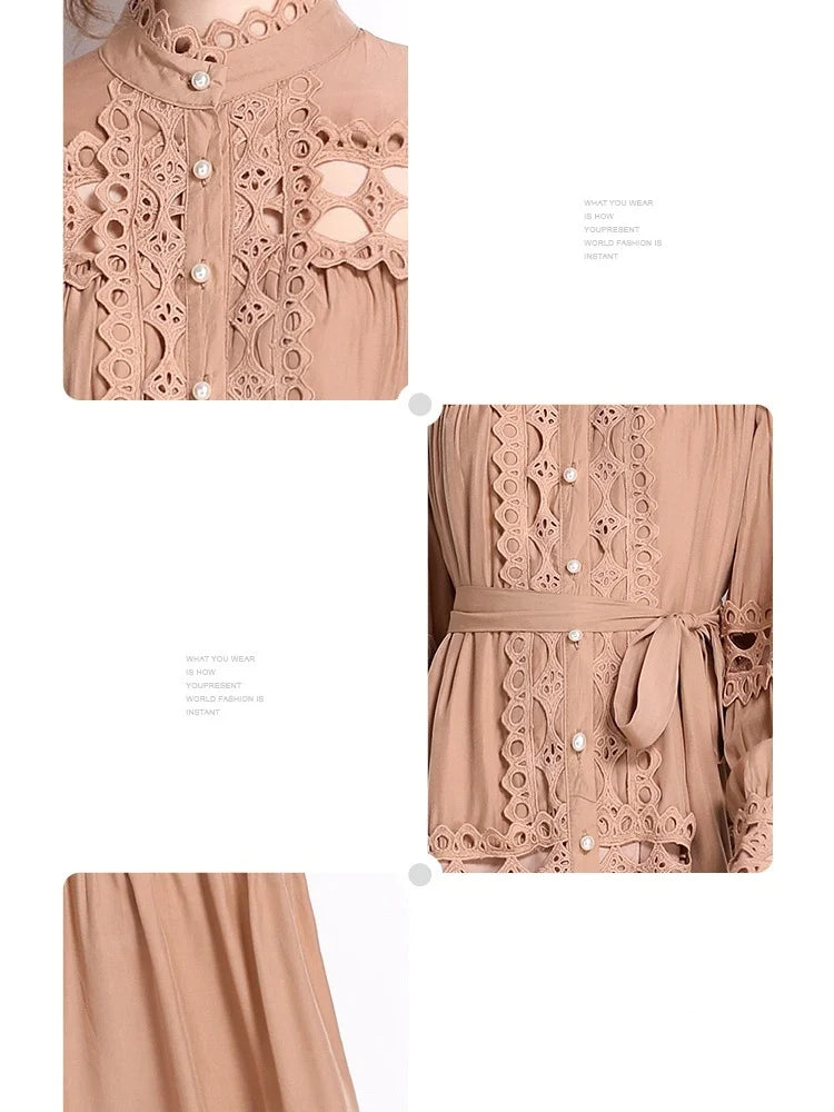 New Spring Autumn Stand Collar Lace Hollowed Out Single Breasted Dress Women's Vintage Elegant Full Sleeve Rnnway Long Dress