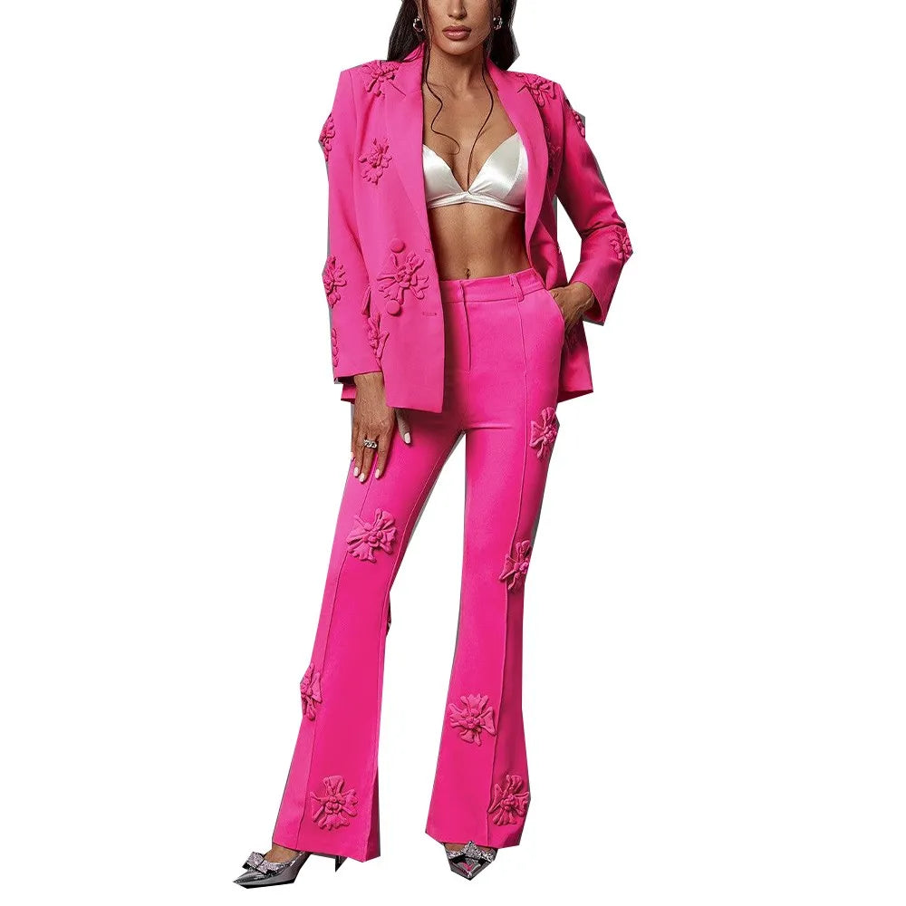 Solid Patchwork Appliques Two Piece Sets For Women Lapel Long Sleeve Coat High Waist Pant Chic Set Female Clothing ROSESET