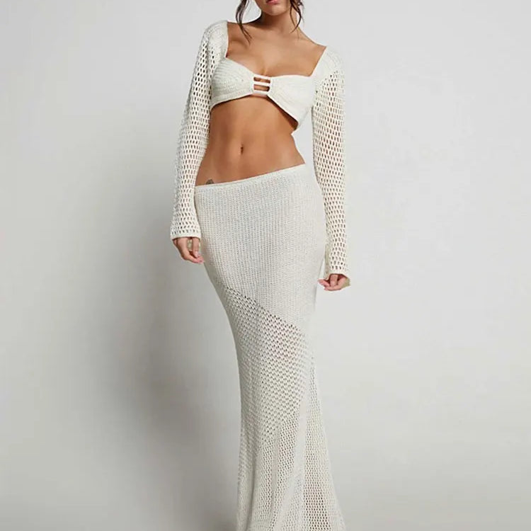 Summer Women's New White Tethered Long-sleeved Hip Casual Hollow Out Knitted Long Skirt Suit Bikini Cover Up Beach Dress A1882