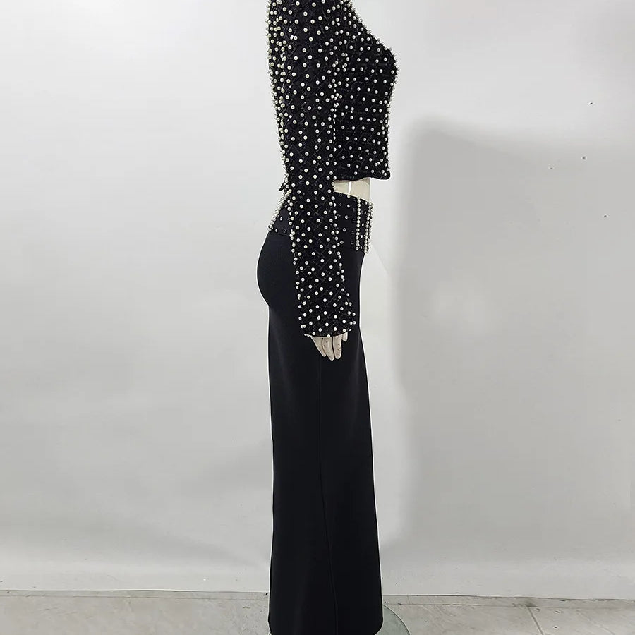 Women Long Sleeve Sexy Beading Tops 2 Pieces Bodycon Bandage Skirt Set Elegant Evening Party Celebrate Outfit