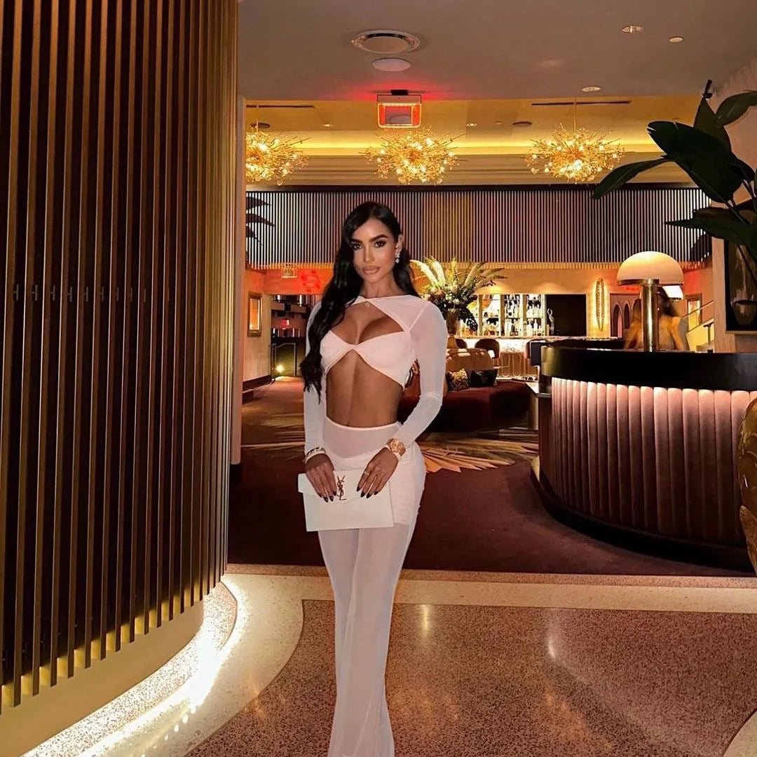 2024 Stylish Expose Waist Woman Set Sexy Hollow Out Short Top And Mesh Pants 2 Pieces High Street Wear Holidy Vacation Outfit