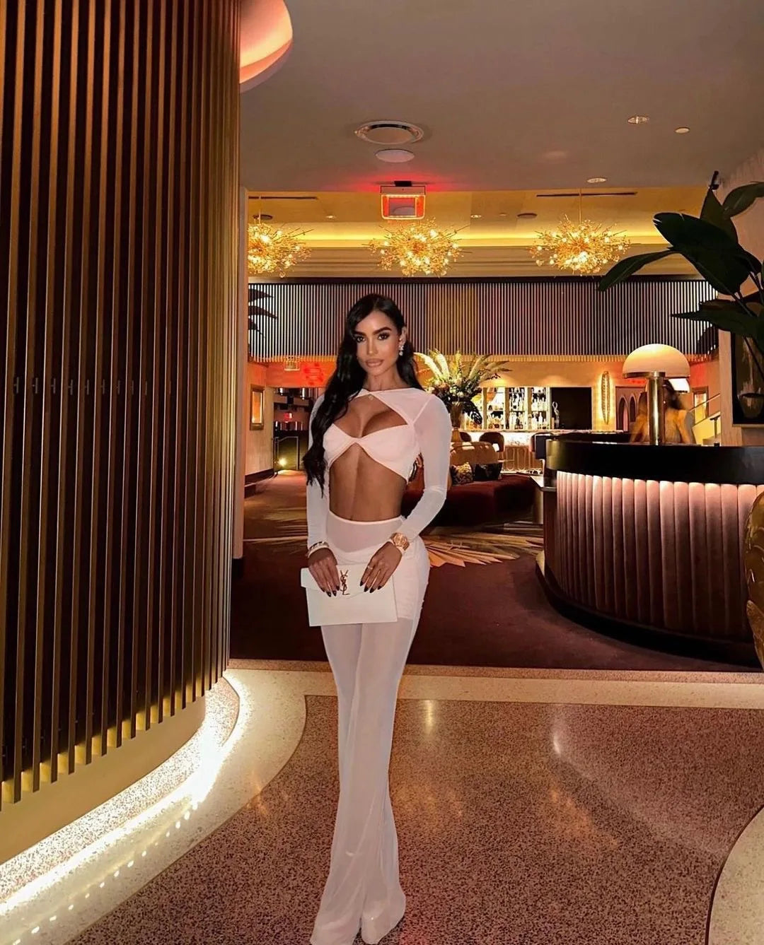 2024 Stylish Expose Waist Woman Set Sexy Hollow Out Short Top And Mesh Pants 2 Pieces High Street Wear Holidy Vacation Outfit