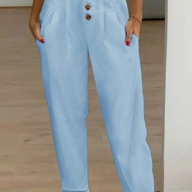 Women's Casual White Pants High Waist Button Slim Solid Pockets Pencil Pants Female Soft Breathable Women Trousers Joggers Sky Blue