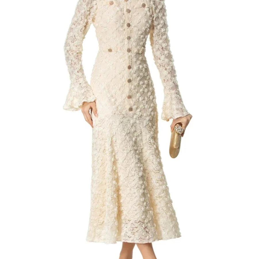 Solid Slimming Spliced Appliques Dresses for Women Round Neck Long Sleeves Patchwork Single Breasted Dress Female