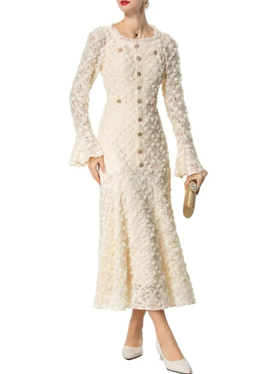 Solid Slimming Spliced Appliques Dresses for Women Round Neck Long Sleeves Patchwork Single Breasted Dress Female