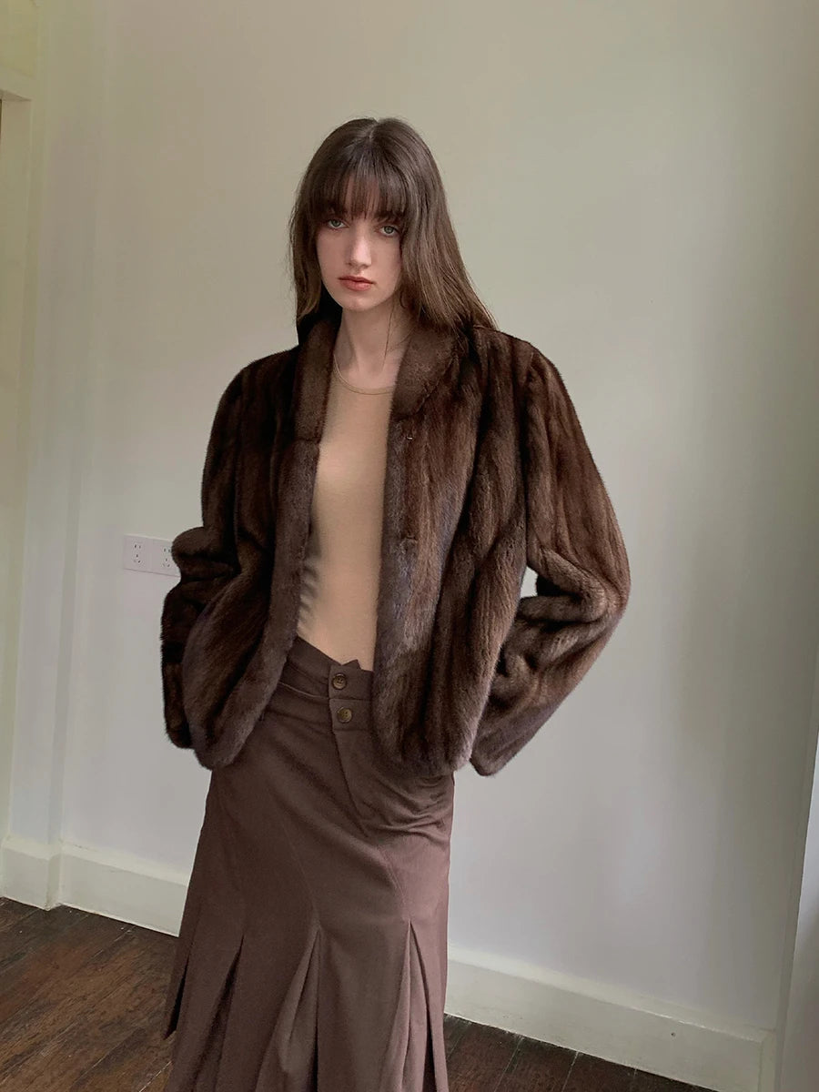 Lautaro Autumn Winter Short Brown Thick Warm Soft Faux Mink Fur Coat Women Stand Collar Elegant Luxury Chic Fluffy Jacket 2025 Brown