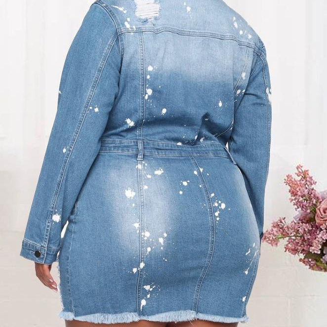 Women's Dresses 2024 Spring Fashion Ink Splash Ripped Raw Hem Button Front Casual Turn-Down Collar Long Sleeve Mini Denim Dress