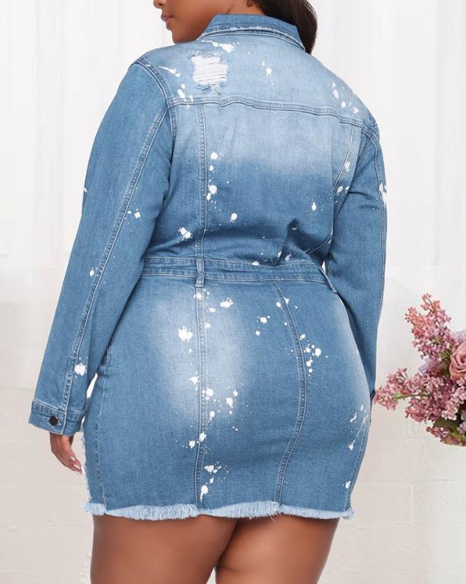 Women's Dresses 2024 Spring Fashion Ink Splash Ripped Raw Hem Button Front Casual Turn-Down Collar Long Sleeve Mini Denim Dress