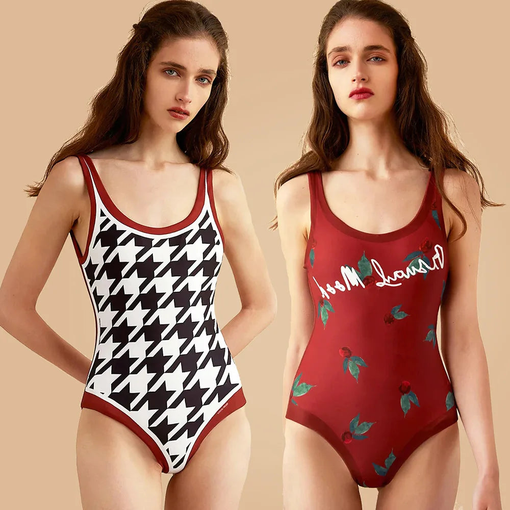 New Vintage Printed Double-sided Wear Swimming Bathing Suit Women Bandage Sexy One Piece Swimsuit Beachwear Swimwear Woman Red