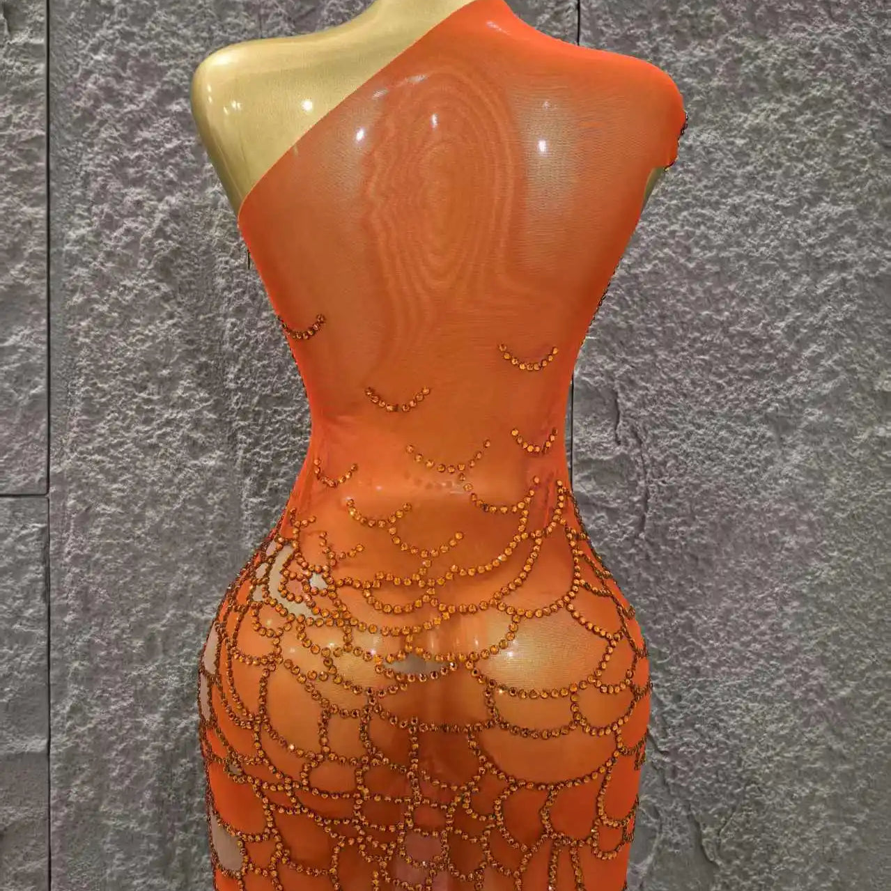 Orange Color Shinning Rhinestones Women Sexy One Shoulder Mesh Bodycon Mini Dress Celebrate Nightclub Party Bar Singer Wear