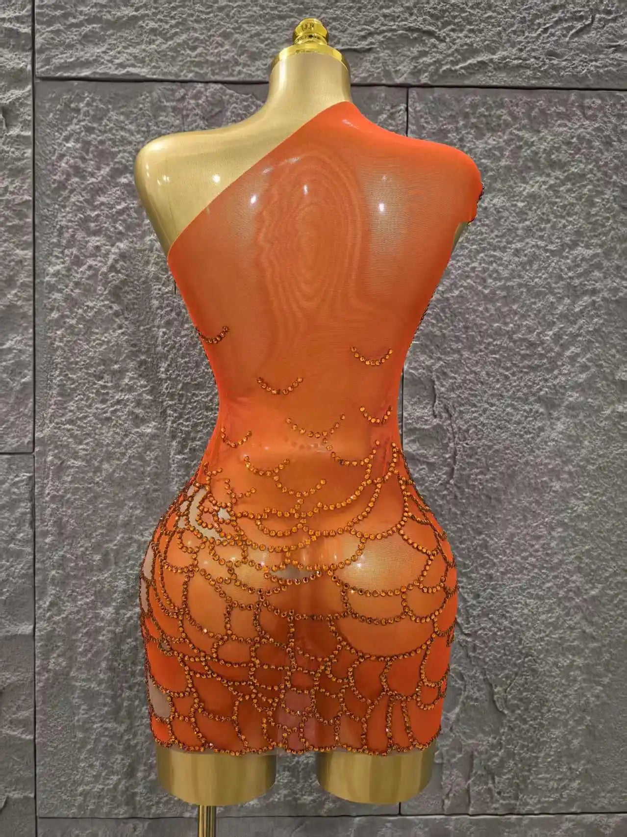 Orange Color Shinning Rhinestones Women Sexy One Shoulder Mesh Bodycon Mini Dress Celebrate Nightclub Party Bar Singer Wear