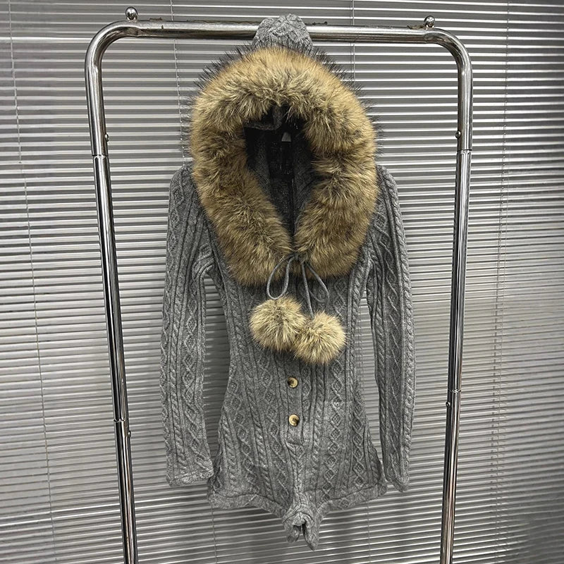 Autumn Winter New Fashion Hooded Slim Fit Long Sleeve Sweater Jumpsuit For Women Single-breasted Romper 11A07819