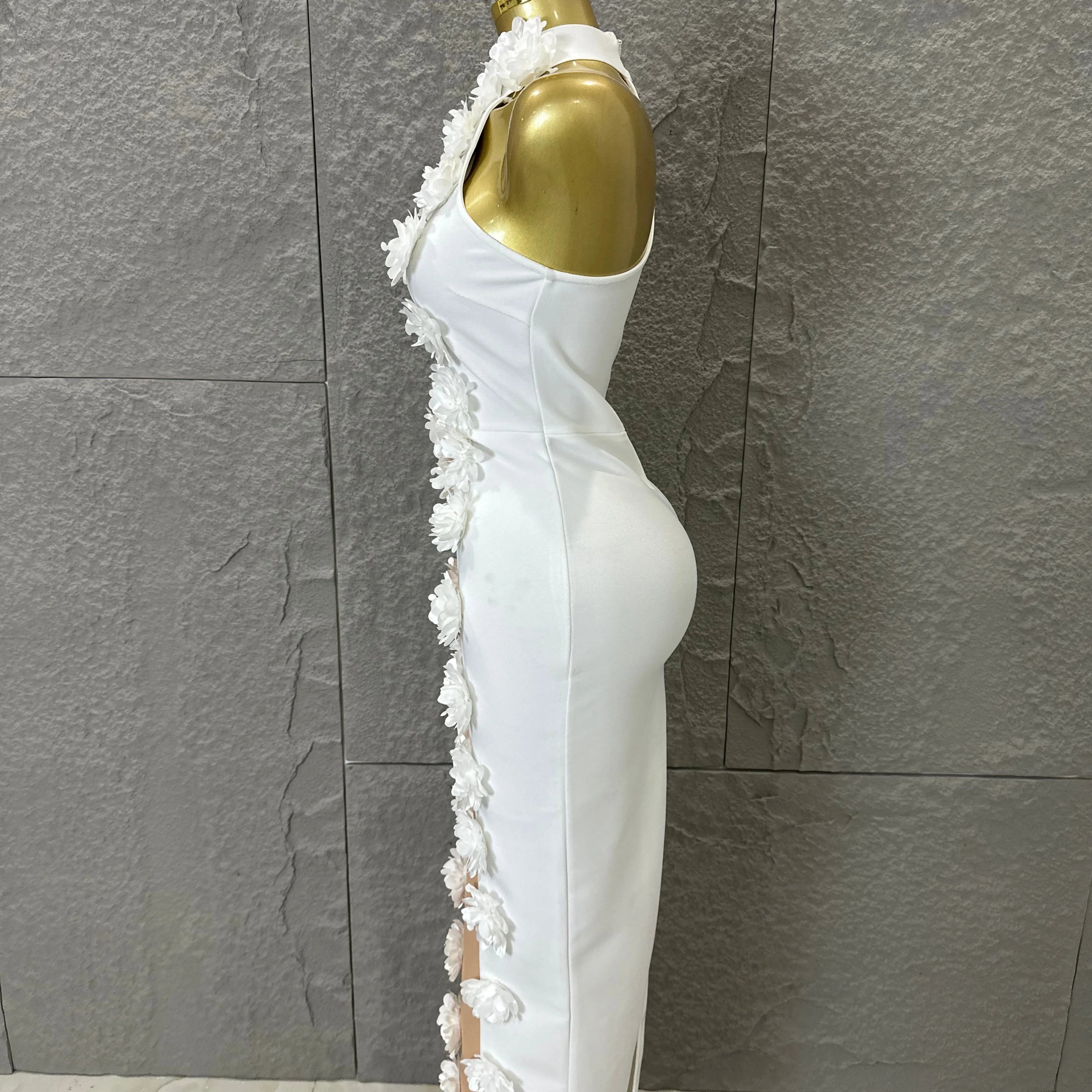 White Halter Neck Maxi Dress Women Sexy Sheer Nude Mesh 3D Floral Applique Form-Fitting Outfit Formal Event Party Costume