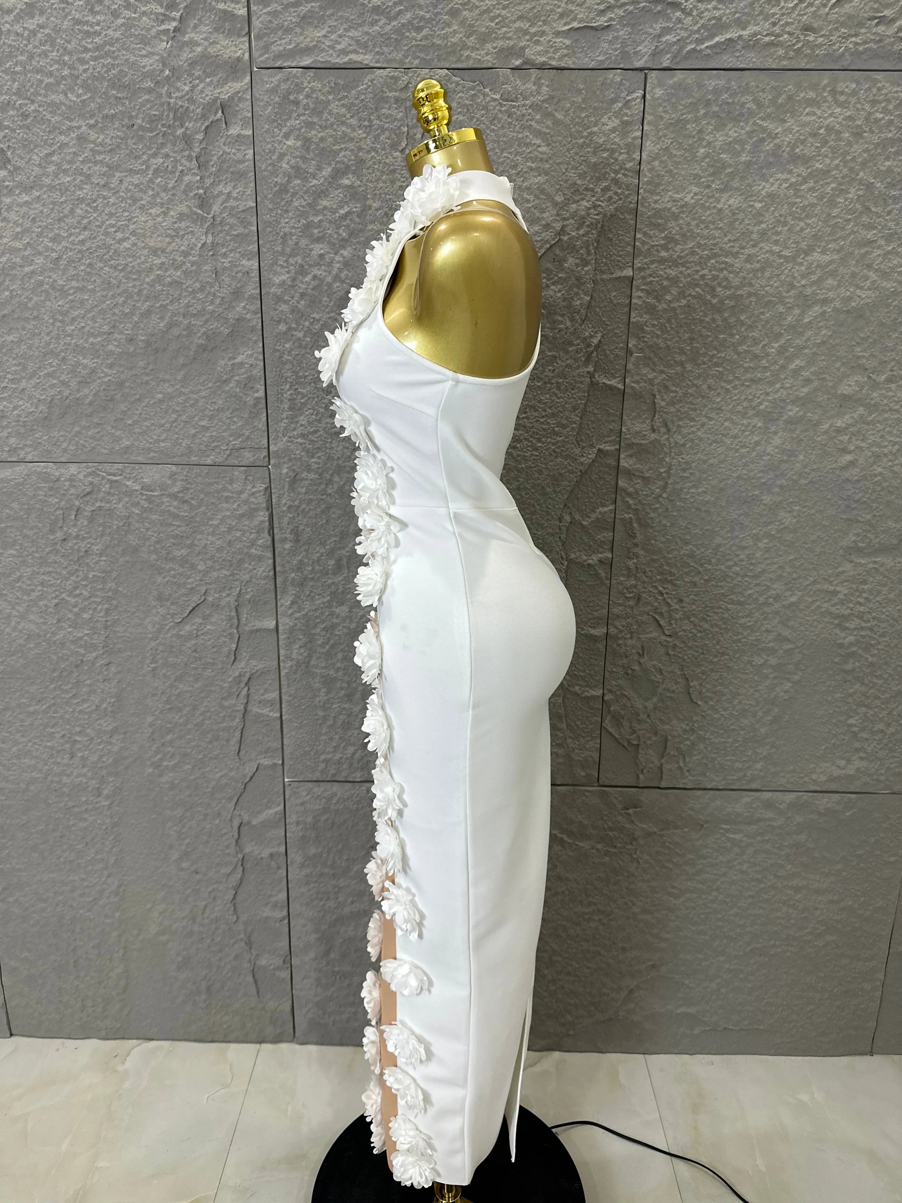 White Halter Neck Maxi Dress Women Sexy Sheer Nude Mesh 3D Floral Applique Form-Fitting Outfit Formal Event Party Costume