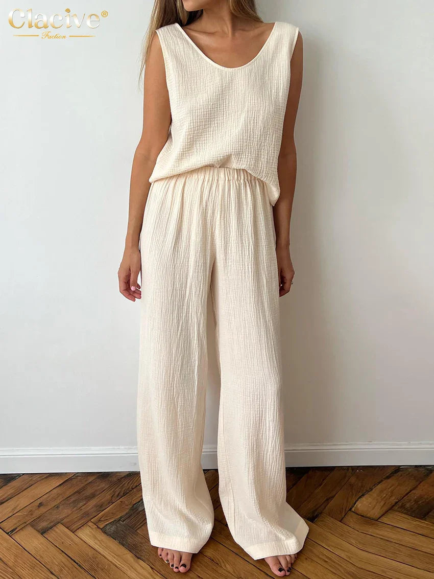 Clacive Casual Loose Beige Cotton 2 Piece Sets Women Outfit Fashion Sleeveless Tank Top With High Waist Wide Pants Set Homewear