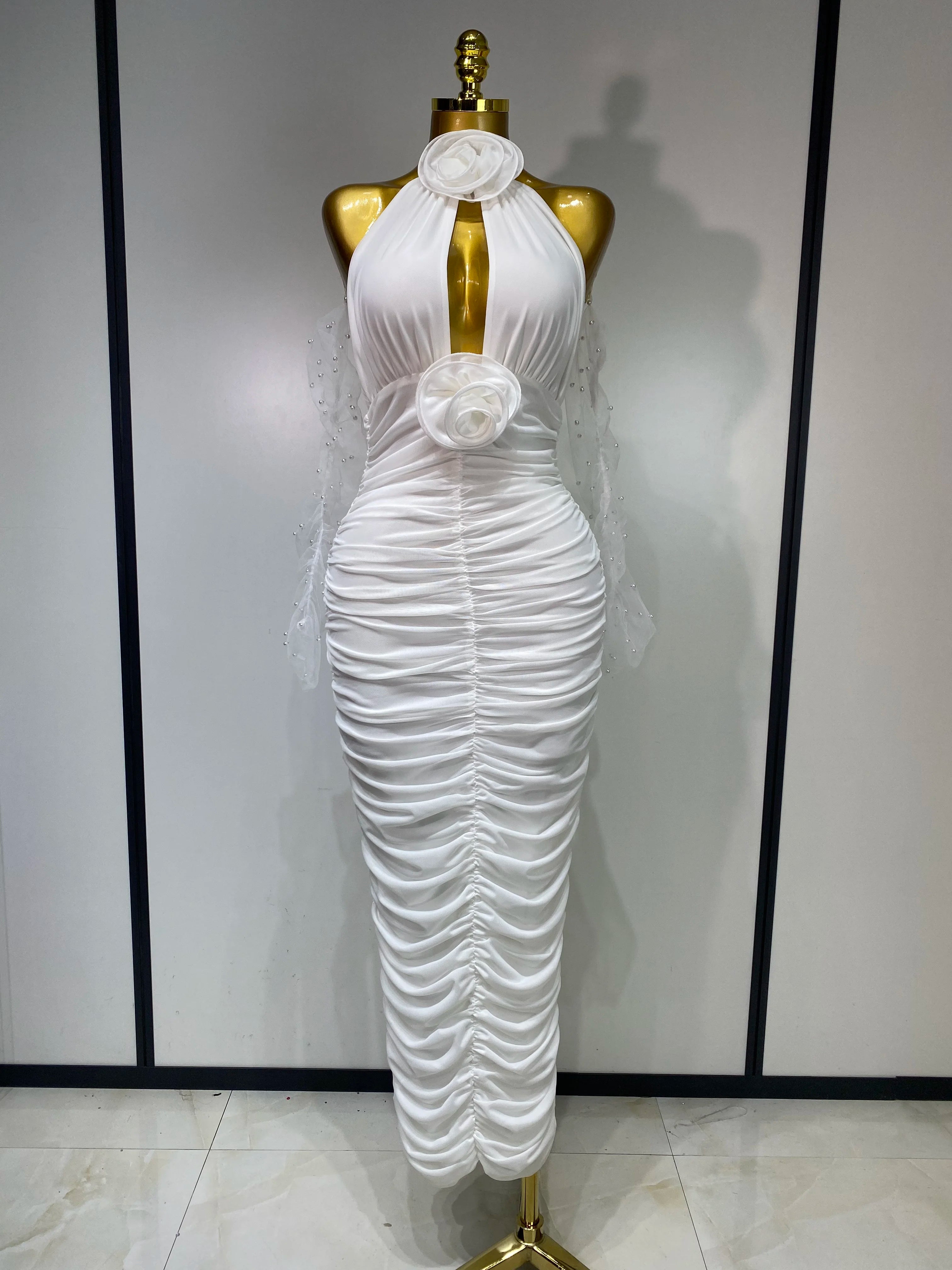 Women Sexy Cut Out Flower Pleated Bodycon Long Dress Celebrity White Elegant Evening Party Cocktail Luxury Birthday Dress WHITE