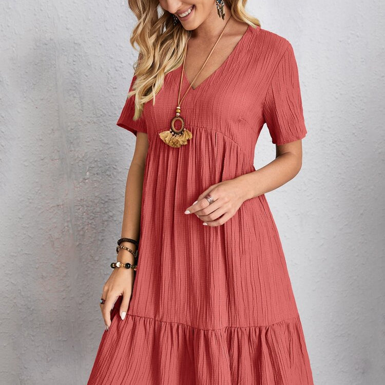Summer Knee Length Dresses for Women 2024 New-In One-Piece Loose Casual Short Sleeve Dress Vintage Chic Maxi Midi Dress Outfits C2 Red