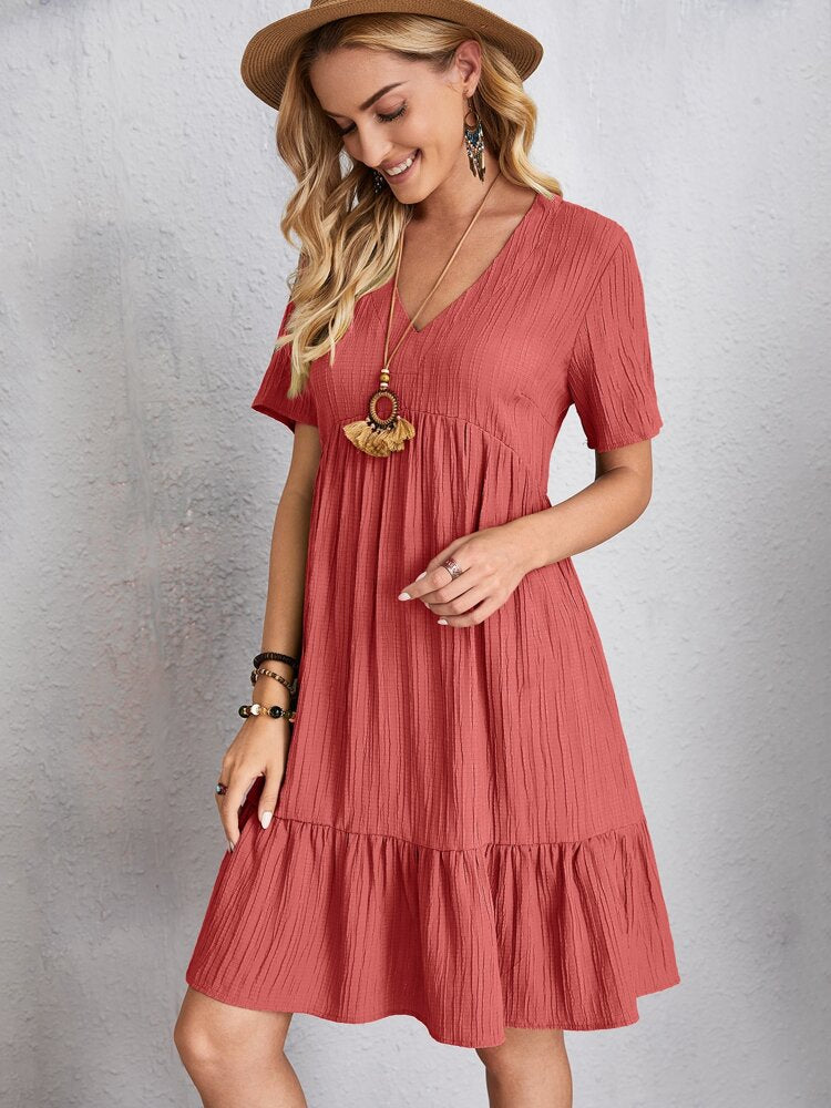 Summer Knee Length Dresses for Women 2024 New-In One-Piece Loose Casual Short Sleeve Dress Vintage Chic Maxi Midi Dress Outfits C2 Red