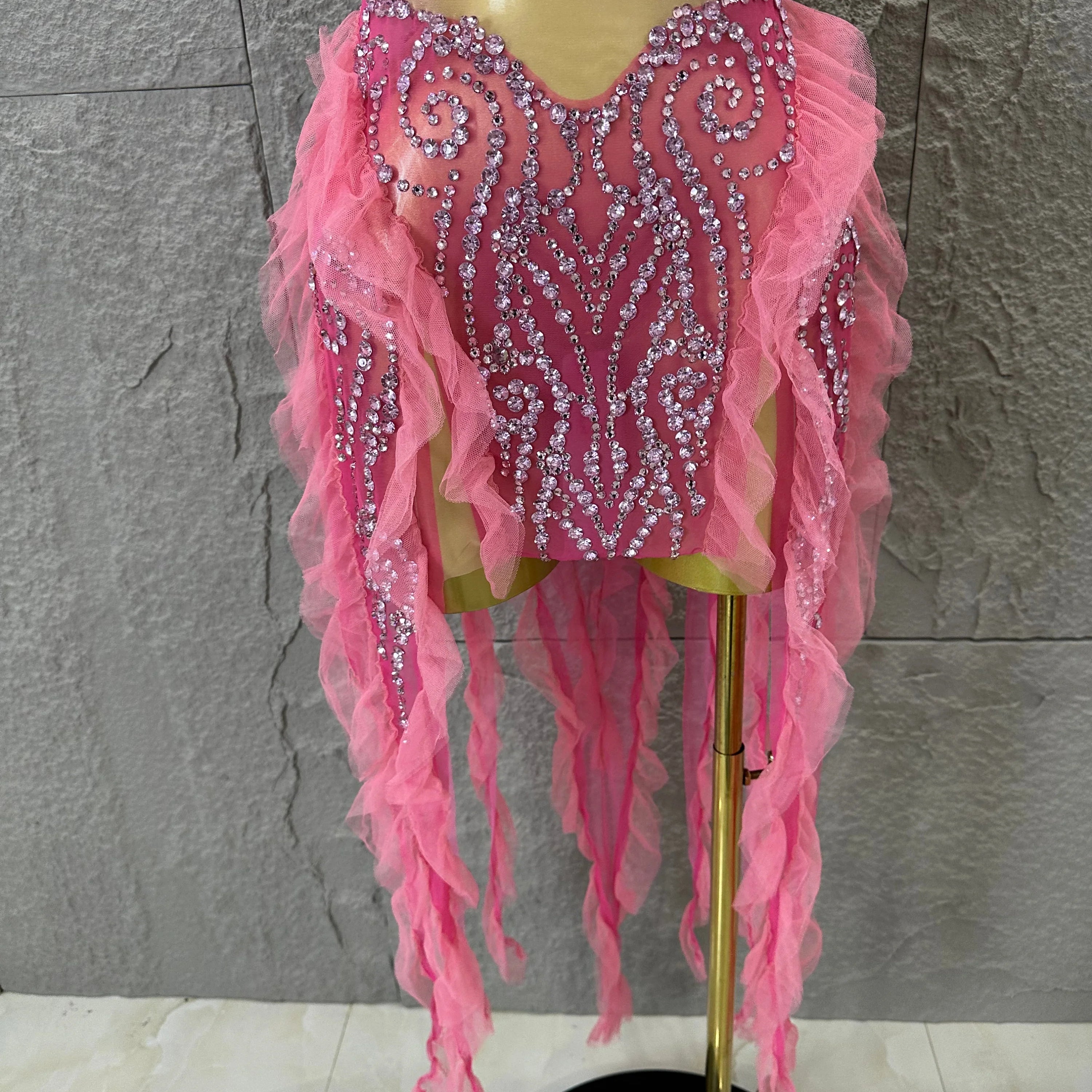 Women Sheer Mesh Rhinestone Ruffle Embellished Latin Dance Performance Costume Elegant Pink Spaghetti Strap Mini Dress