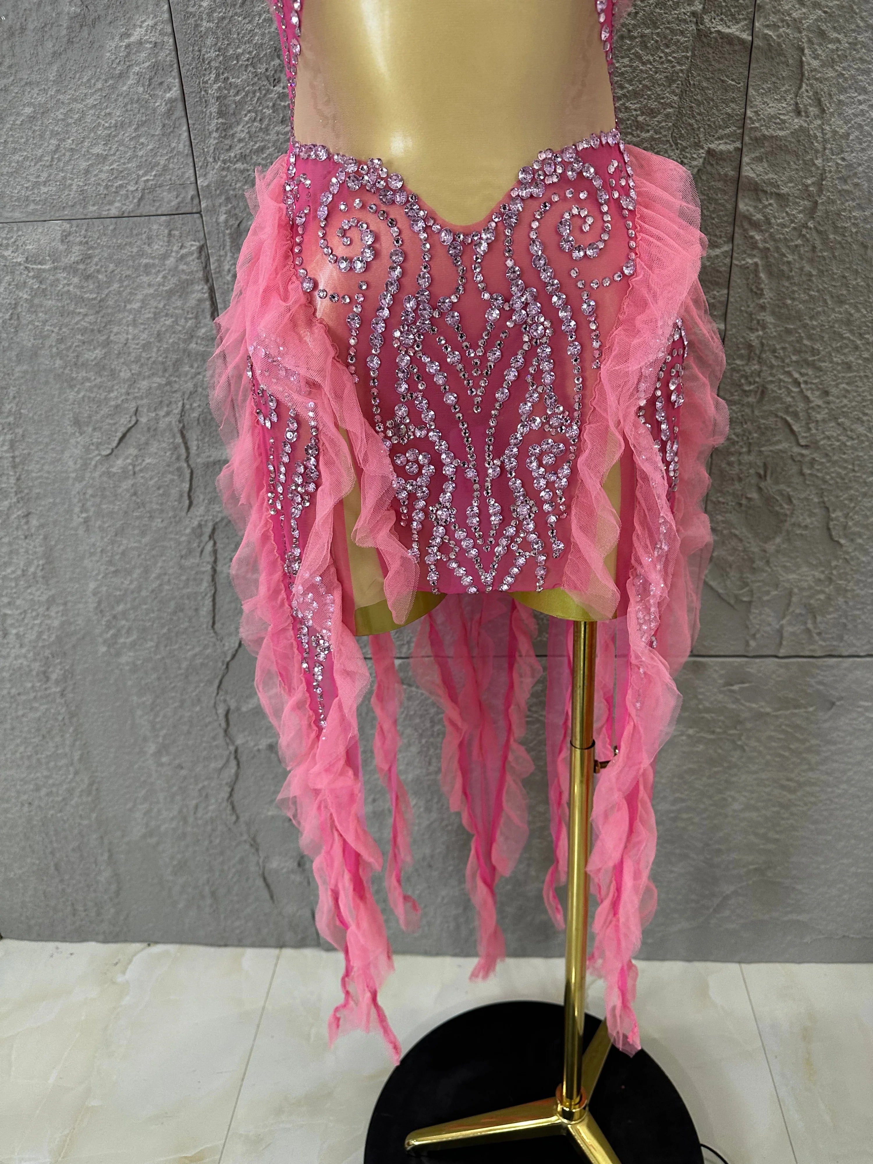 Women Sheer Mesh Rhinestone Ruffle Embellished Latin Dance Performance Costume Elegant Pink Spaghetti Strap Mini Dress