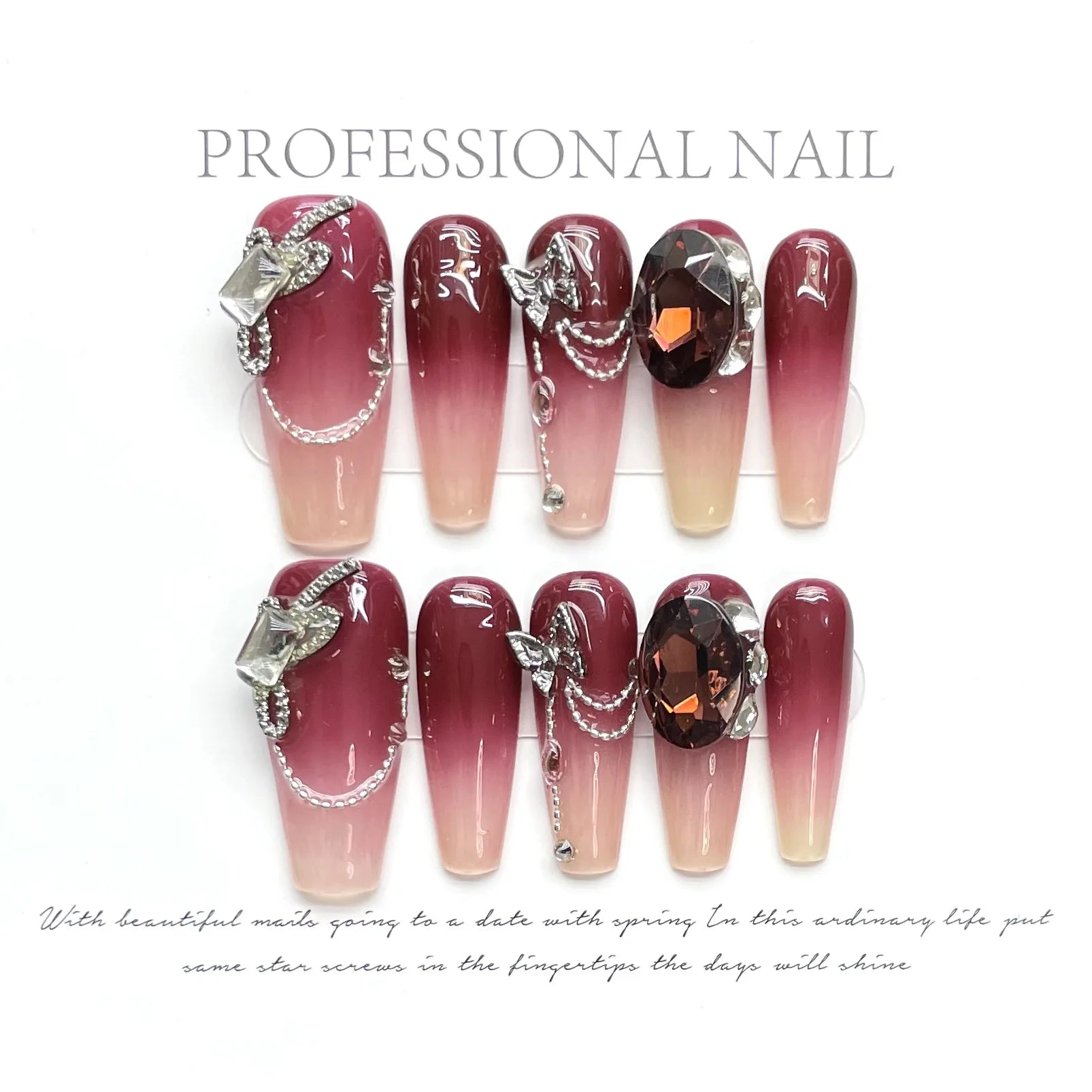 10pcs Wine-red Super Long Almond False Nails Handmade Full Shiny Diamond French Press On Nails Glossy Cat's Eye Luxury Fake Nail