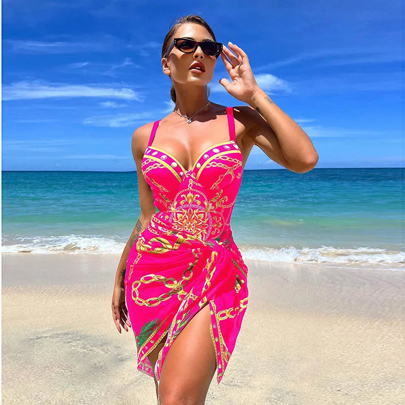 VigoBeviya Sexy Print Strapped 2 Piece Swimwear Women Strapped Push UP One Piece Swimsuit Monokini Backless Bathing Suit Pink