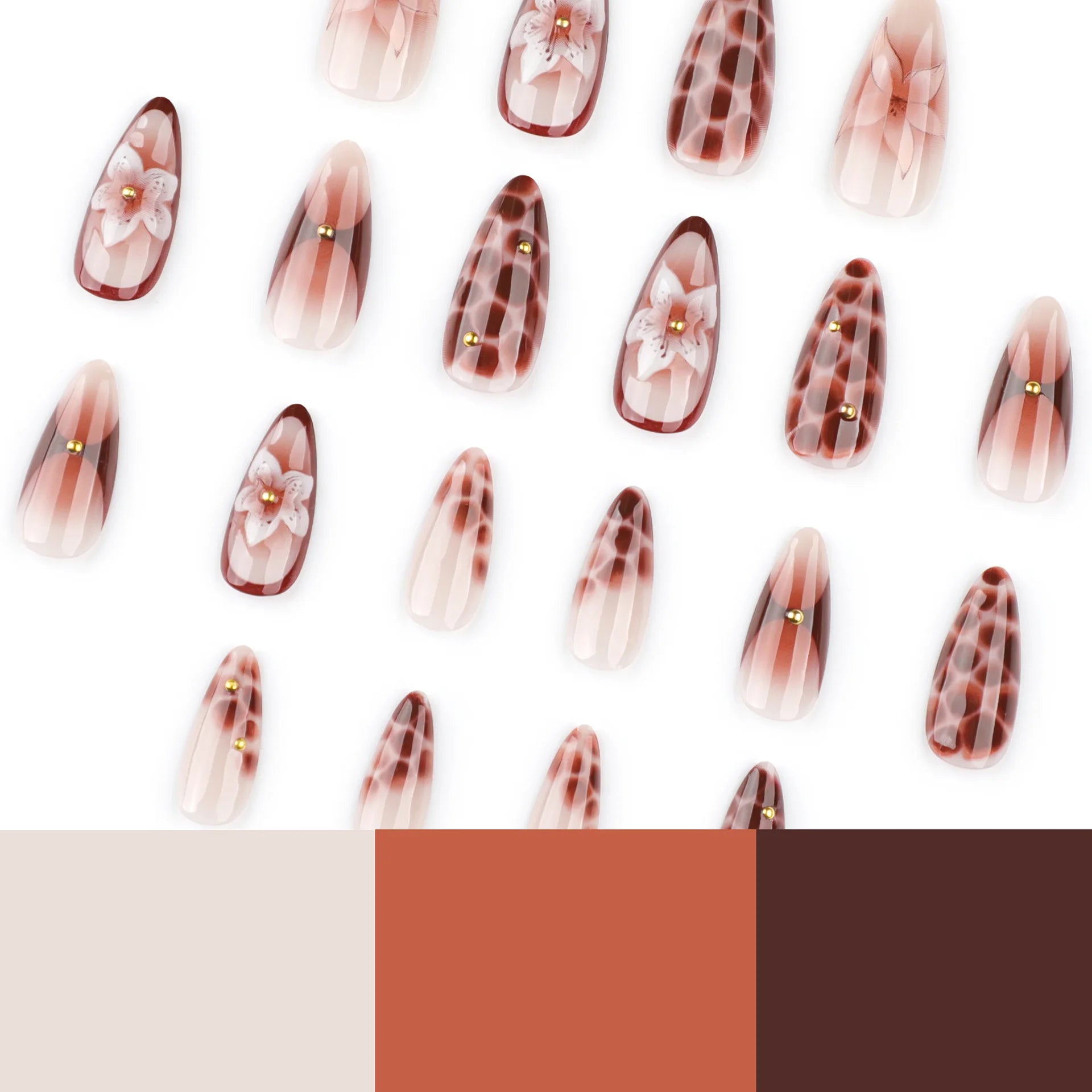 24pcs Retro Almond Press On Nails Brown Marble Cracks Ice Flower Printed False Nails European Wearable French Style Fake Nail