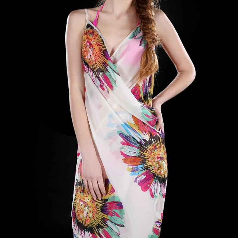 Printed Cover-ups Sexy Beach Dress Halter Sling Chiffon Beach Towel Bikini Wrap Pareo Skirts Open-Back Swimwear White One Size