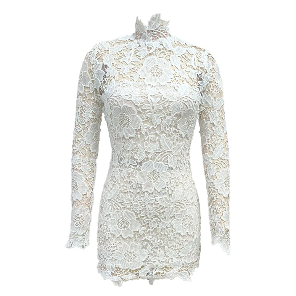 White Turtleneck Lace Floral Mini Dress For Women Long Sleeves Slim Bodycon Elegant Evening Party Cocktail Wear WHITE