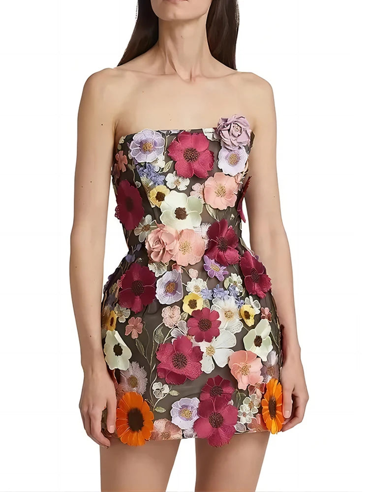 Pink Color Women Sexy Strapless Colorful Florals Bodycon Mini Dress Girls' Birthday Party Celebrate Vacation Dress