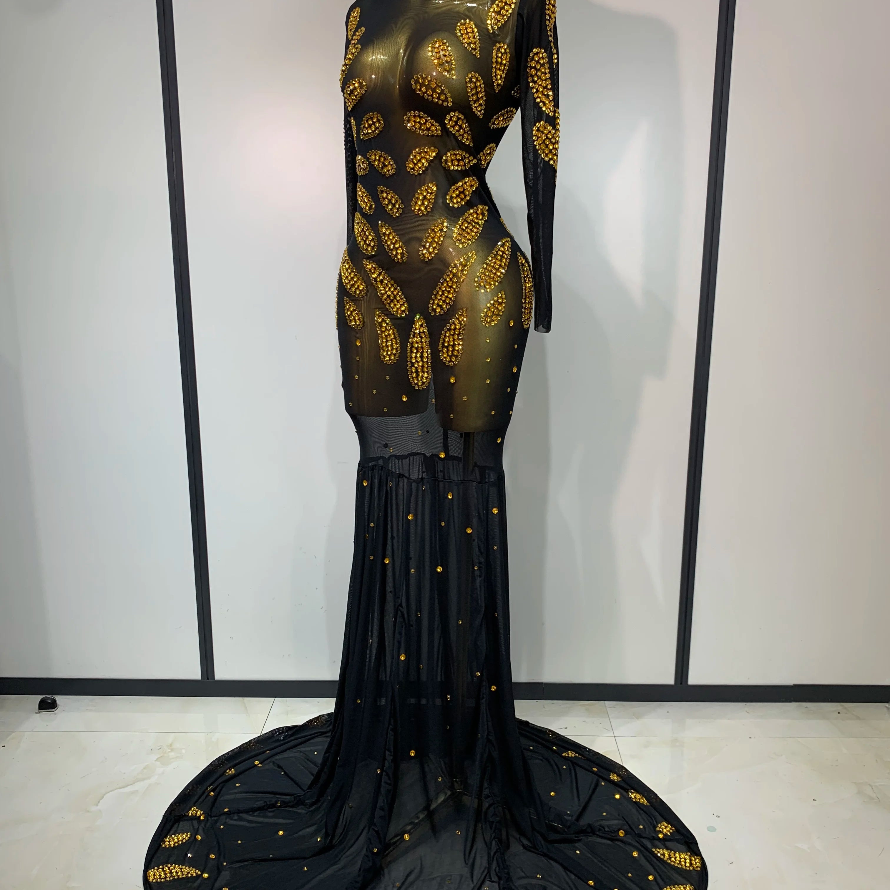 Stage Perform Dress Sexy Mesh Transparent Maxi Long Dress Nightclub Outfit Singer Dance Costume Elegant Party Dress