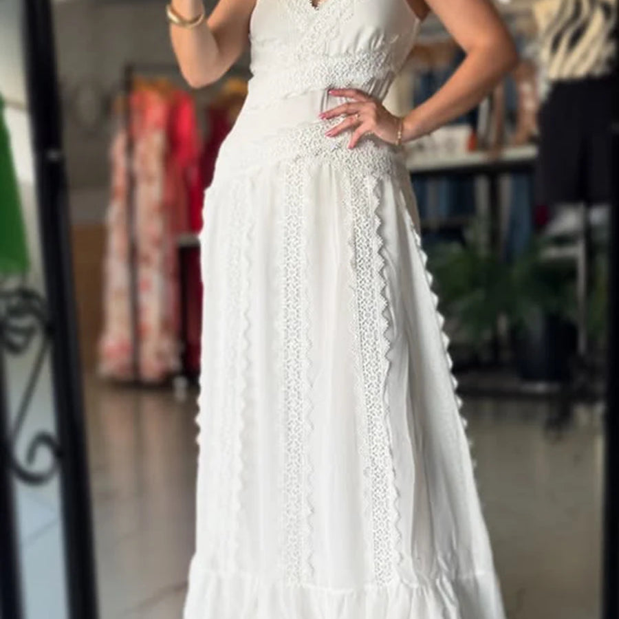 White Spliced Lace Minimalist Dresses for Women V Neck Sleeveless Temperamnet Long Dress Female Fashion Clothes New