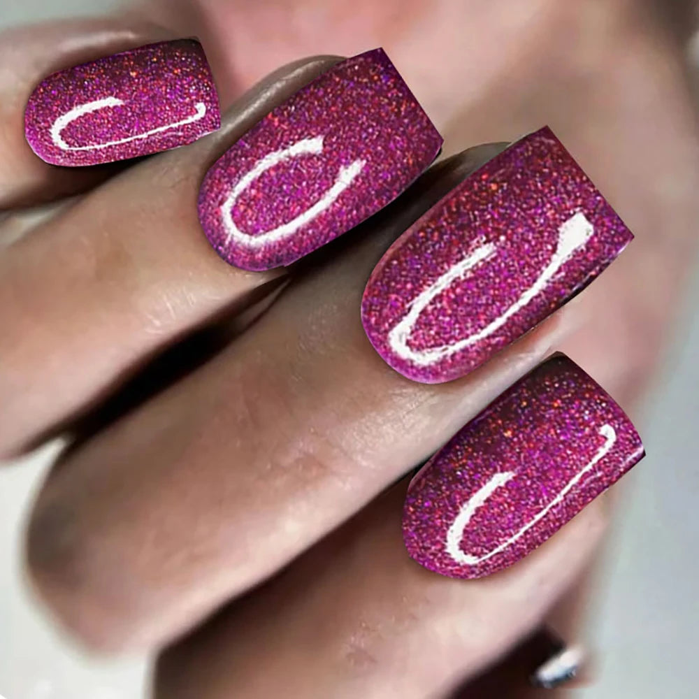 24pcs/set short fake nails for women girls sparkling glitter black red purple square tips faux ongles press on false nail art 06 purple