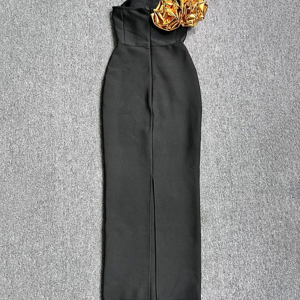 Celebrity Red Carpet Dress Gold Florals Women Sexy Strapless Off the Shoulder Bodycon Bandage Long Dress Nightclub Party Vestido
