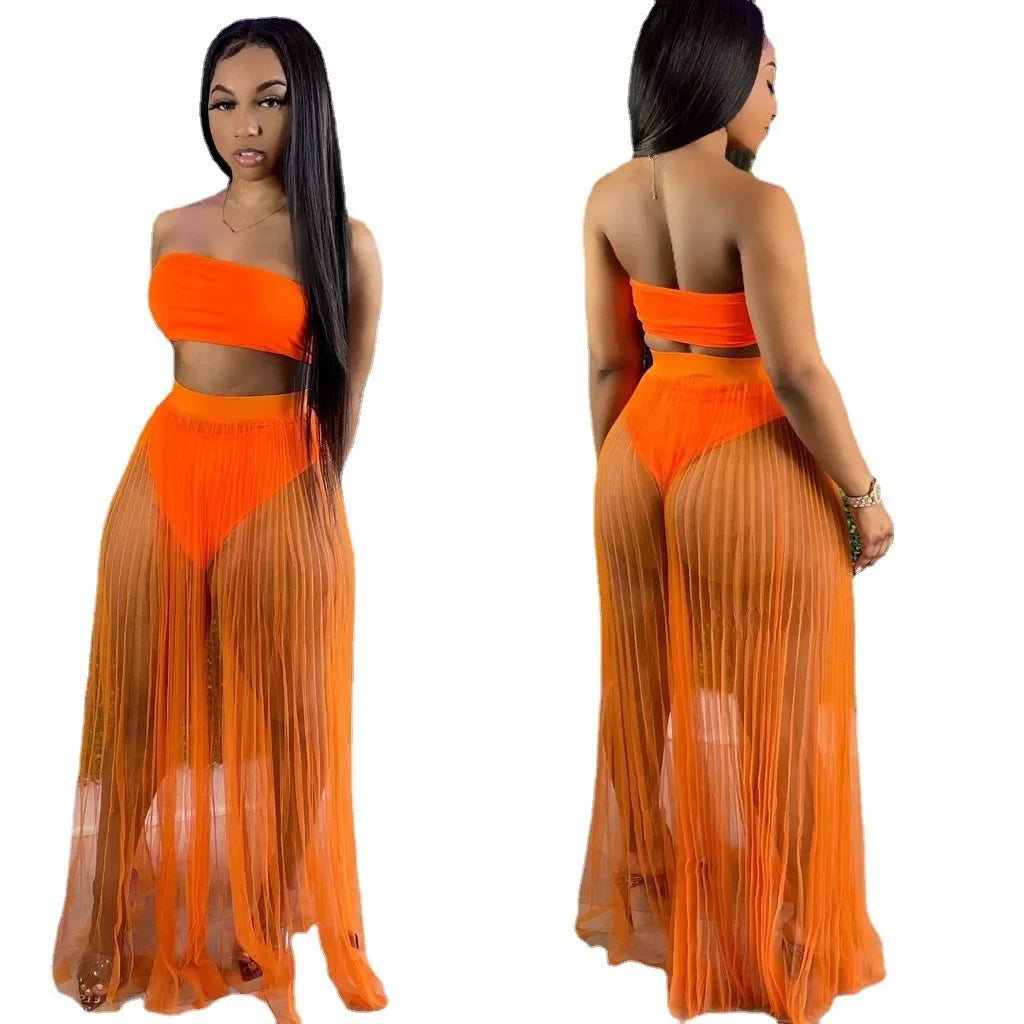 Women Mesh See Though Two Piece Set Sexy Beach Strapless Tops and Pleated Maxi Skirts Matching Set Summer Outfits orange