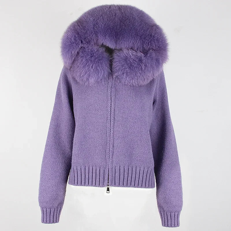 Coat Women Cardigan Natural Fox Fur Coat Women Real Mongolian Fur Knitwear Female Spring Autumn Hooded Knitted Fur Jacket Pruple fox One Size