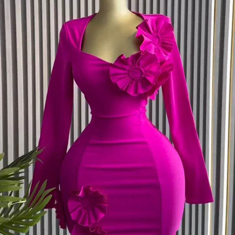 CM.YAYA Women Strapless Mult 3D Flower Long Sleeve Bodycon Mini Dress Sexy Birthday Evening Night Party Club Vestidos Dresses