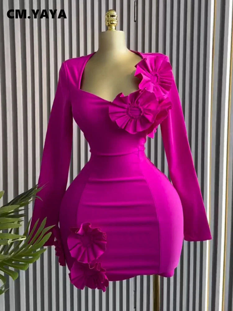 Women Strapless Mult 3D Flower Long Sleeve Bodycon Mini Dress Sexy Birthday Evening Night Party Club Vestidos Dresses