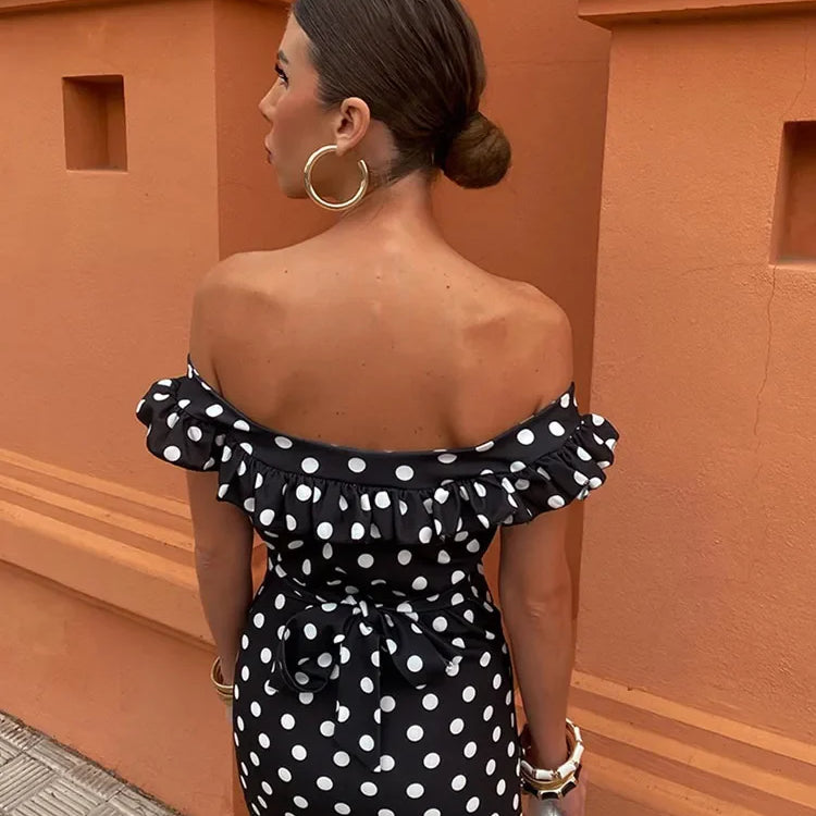 Elegant Polka Dot Print Ruffles Maxi Dress Women Fashion Strapless Slash Neck Backless Vestidos Lady Party Club Sexy Robes