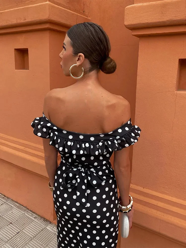 Elegant Polka Dot Print Ruffles Maxi Dress Women Fashion Strapless Slash Neck Backless Vestidos Lady Party Club Sexy Robes