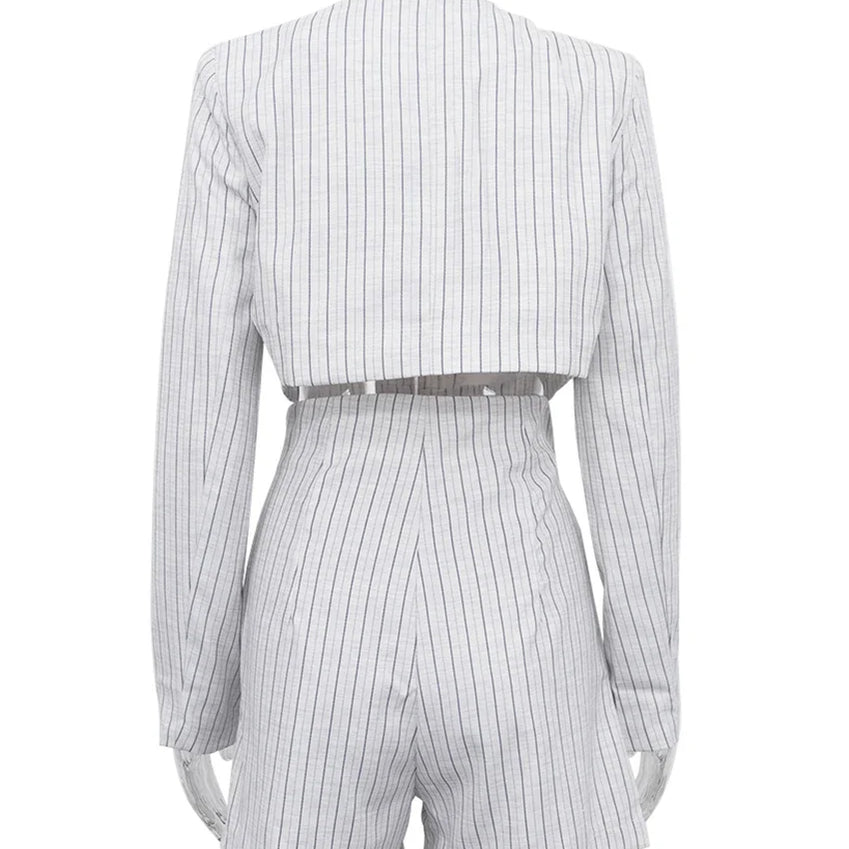 Clacive Fashion Stripe Print 2 Piece Sets Women Elegant Slim Long Sleeve Irregular Top With High Waist Shorts Set Streetwear