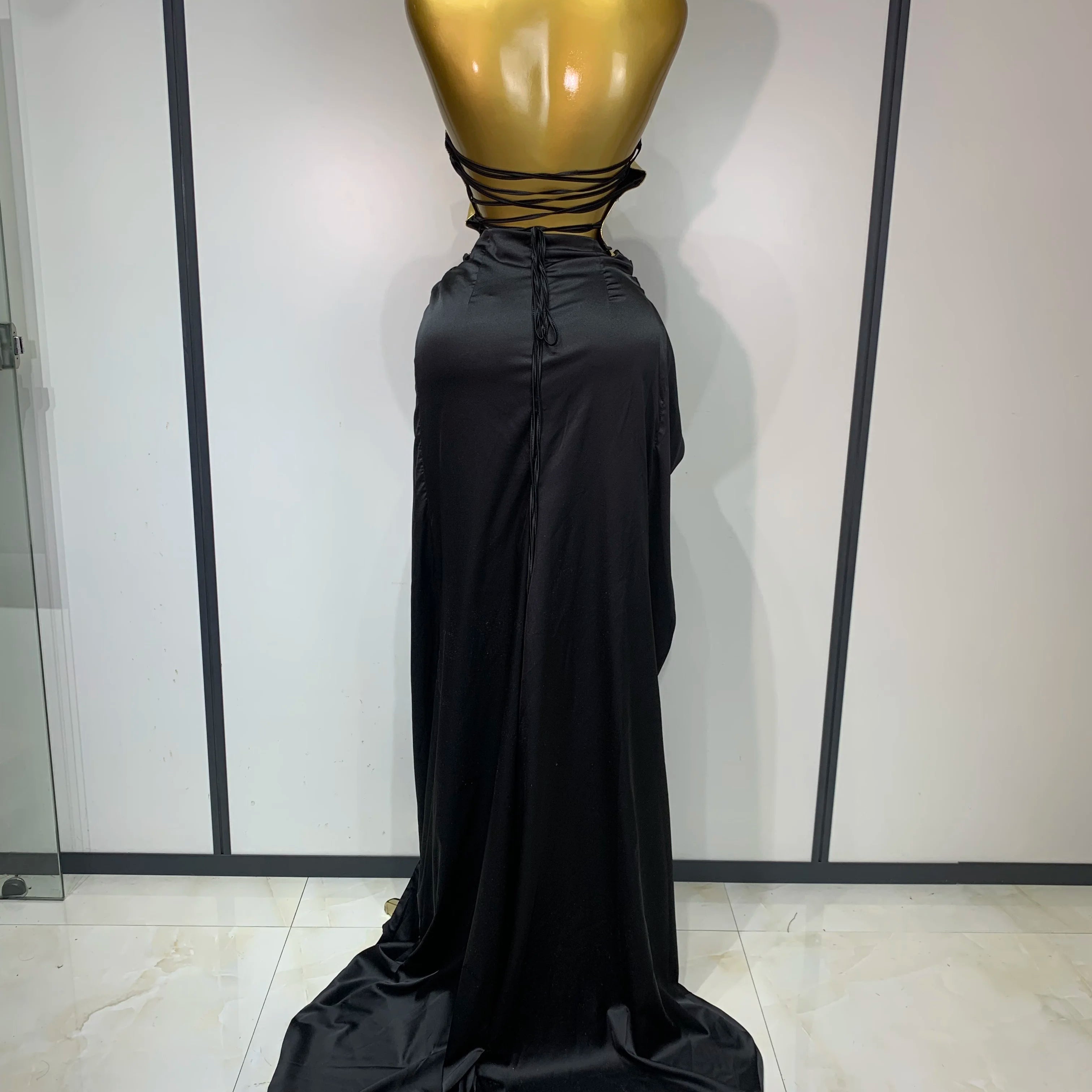 2025 Women Gold Color Sexy Laced-up Tops 2 Pieces Set Long Dress Celebrate Evening Party Celebrity Elegant Dress