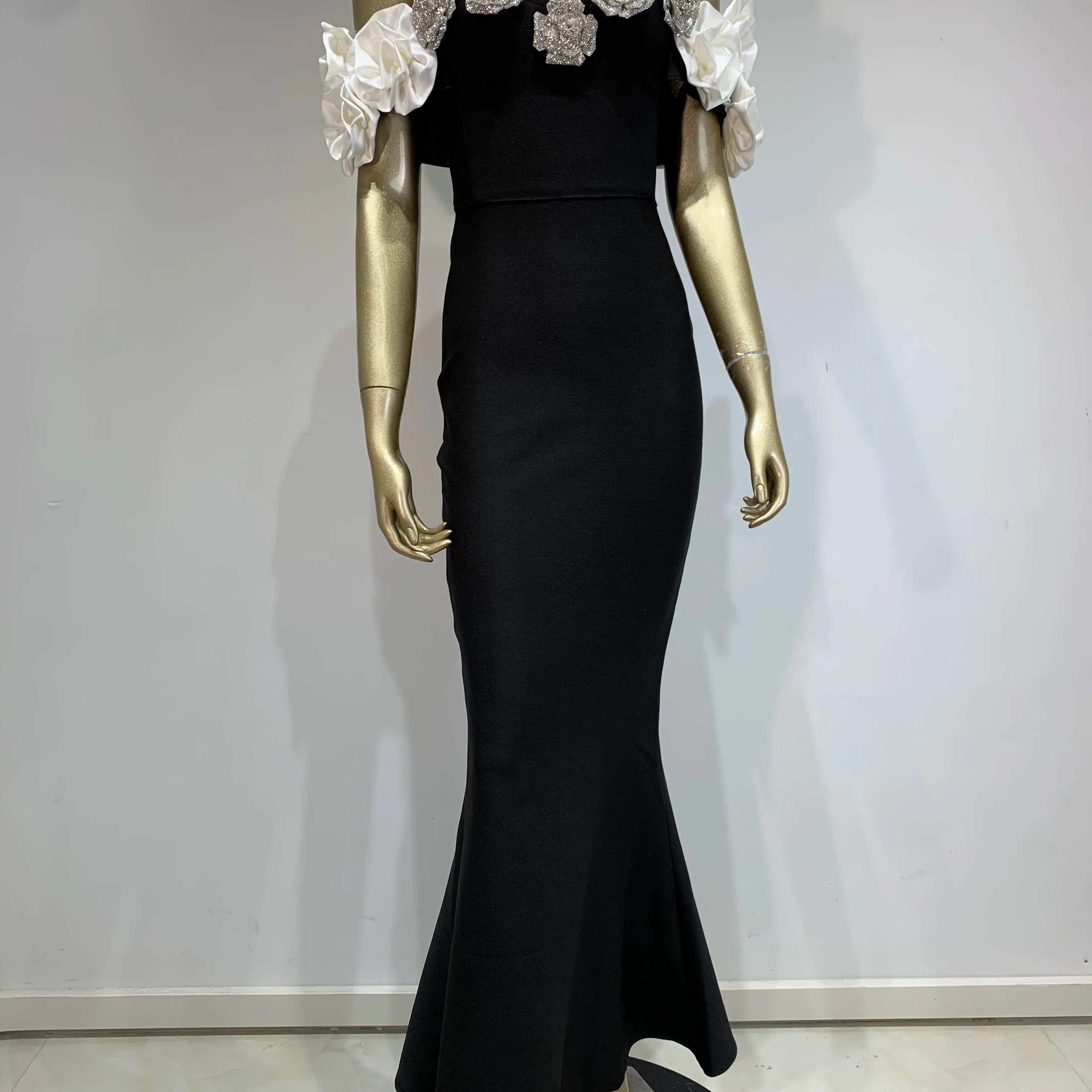 Women Celebrity Summer Sexy Off Shoulder Black Flower Maxi Long Bodycon Bandage Dress Elegant Evening Club Party Outfit