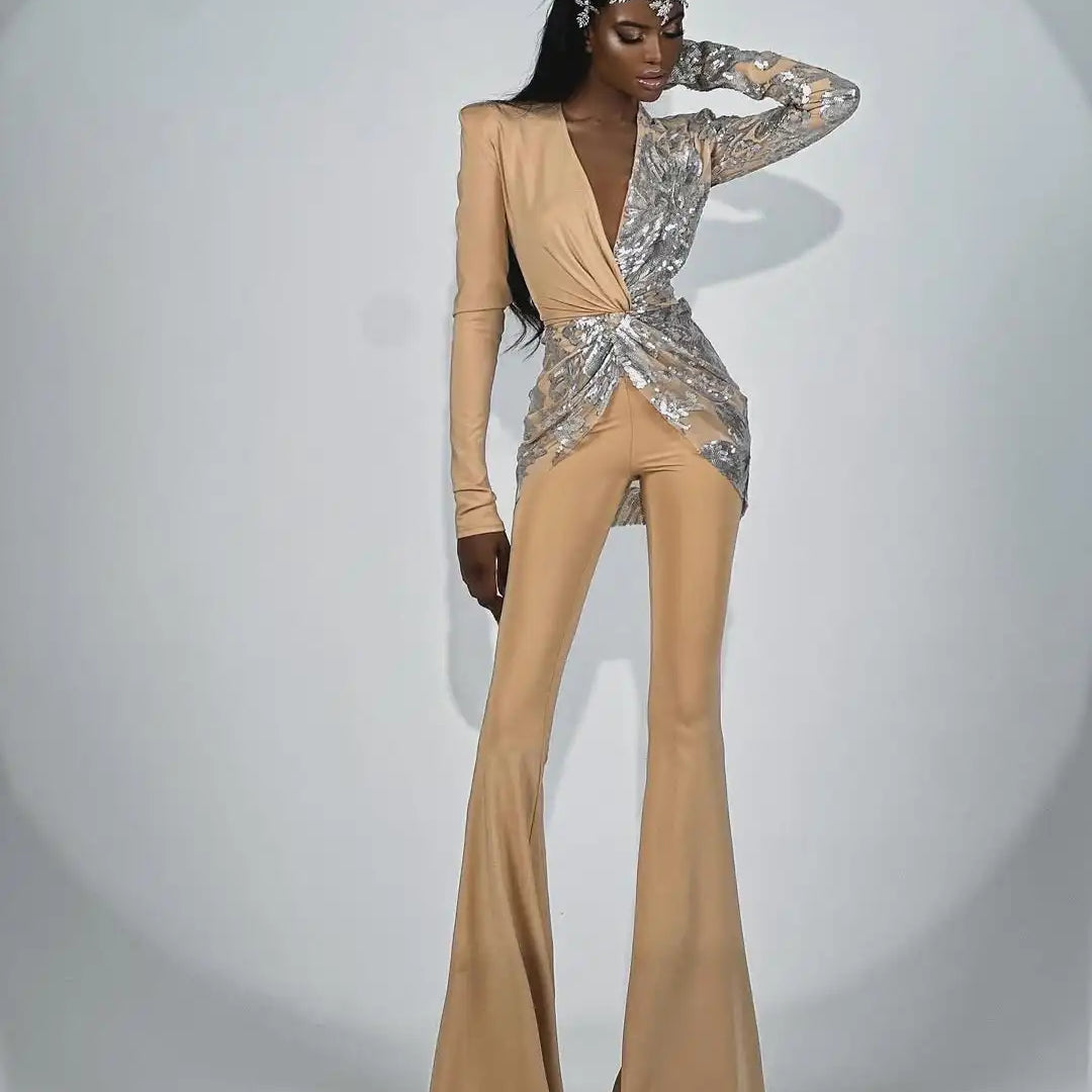 New Style Runway Fashion Khaki Color Women Long Sleeve Sexy V-Neck Sequins Bodycon Long Jumpsuit Celebrate Nightclub Party Wear