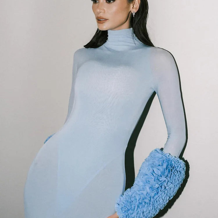 New Women Celebrity Sexy Long Sleeve Mesh Sky Blue Maxi Long Bodycon Dress 2024 Elegant Evening Club Party Outfit